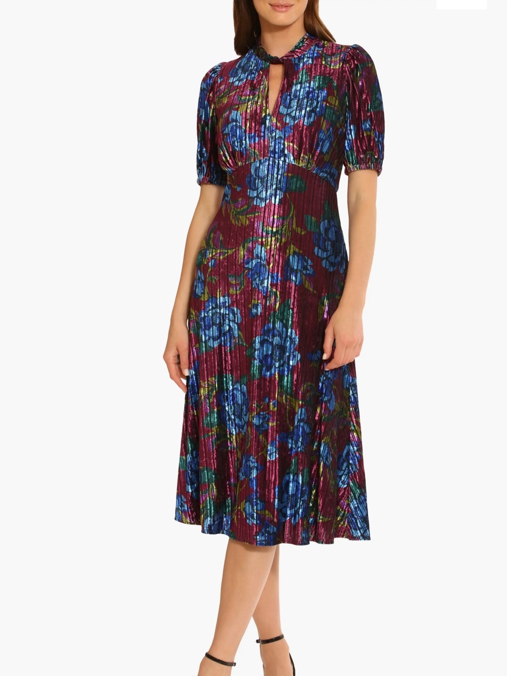 NWT Maggy London Floral Pleated Velvet Midi Dress in Magenta, Blue and Green